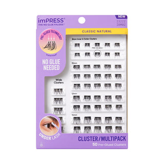 A package of imPRESS Classic Natural Cluster/Multipack false eyelashes containing 50 pre-gusted clusters, shown on a clean white background.