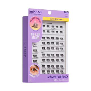 A package of 50 false cluster lashes by imPRESS, featuring classic natural lashes in a purple and white cardboard box with a clear window showing the lash clusters inside.
