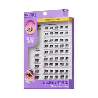 Impress Classic Natural Cluster/Multipack false eyelashes in a purple and white retail box, containing 50 pre-glued clusters.