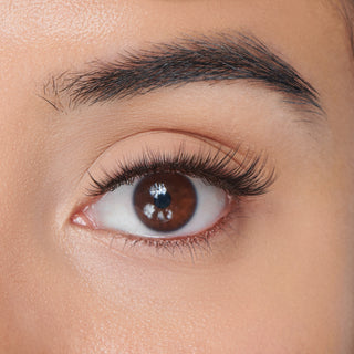 Extreme close-up of a human eye with long dark eyelashes and a defined eyebrow on warm beige skin.