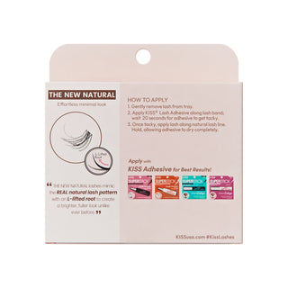 Kiss lashes retail packaging card showing product instructions and lash adhesive tube examples on a white background.