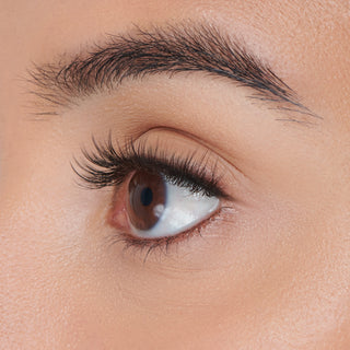 Extreme close-up of a human eye with long, curled black eyelashes and a defined dark eyebrow, showing detailed skin texture and the iris.