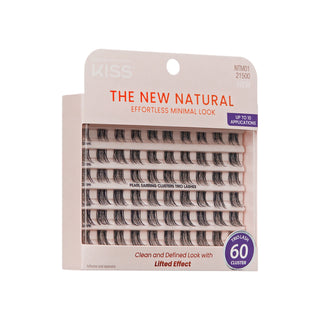 Kiss Me! false eyelash clusters in a beige retail box labeled 'The New Natural Effortless Minimal Lock' with a purple 'Up to 10 Applications' badge and '60 Cluster' sticker.
