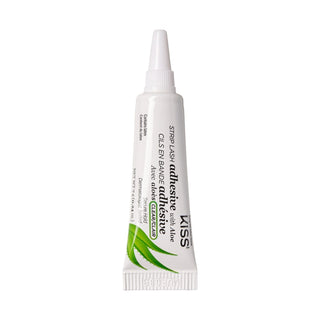 A squeeze tube of KISS Simple Adhesive Wax with Aloe vera, featuring a white cap and a white tube body with green aloe graphics and black text, on a plain white background.
