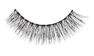 Black false eyelashes with a curved, wispy design on a plain white background.