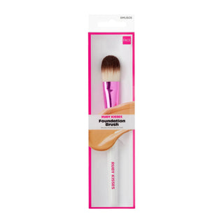 Ruby Kisses Foundation Brush in pink and white packaging, featuring a dual-ended brush with a metallic pink ferrule, brown bristles, and a white handle.
