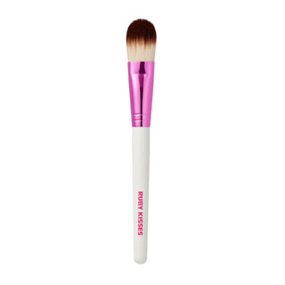 A makeup brush with brown and beige bristles, a shiny pink ferrule, and a white handle printed with the brand name 'RUBY KISSES' in pink, shown against a plain white background.