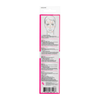 The back of a pink and white cosmetic package card for '30GUARANTEED' face contouring makeup, featuring a line drawing of a face with makeup applied to the forehead, cheeks, and under-eye area, and extensive product instructions in Spanish.
