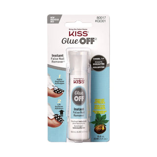 Kiss Glue Off Instant False Nail Remover in its original blister card packaging, featuring a clear tube with a white cap and a printed card with light blue and white panels.