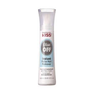 Kiss Glue Off Instant False Nail Remover in a clear plastic squeeze bottle with a white label and red brand name, shown on a plain white background.