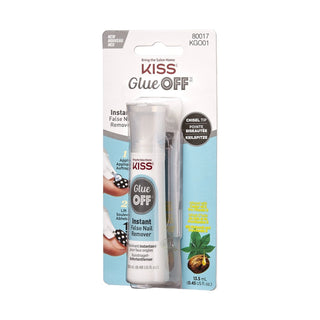 Kiss Glue Off Instant False Nail Remover in its original blister card packaging, featuring a clear tube with white cap and a light blue and white card backing.
