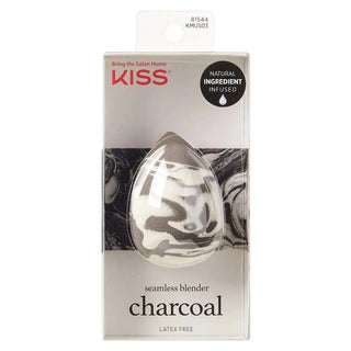 Kiss Seamless Blender in Charcoal, packaged in its original retail box. The teardrop-shaped latex makeup sponge features a black and white marbled pattern, and the packaging displays the KISS brand logo and product details.