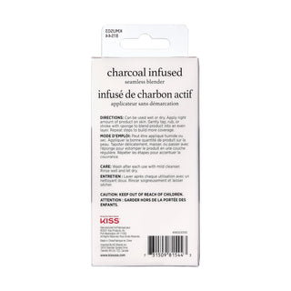 The back of a KISS Kiss brand hair product box, featuring product details for 'charcoal infused seamless blender' with directions, warnings, and a barcode on a white background.