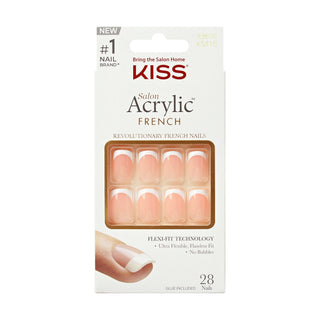 Kiss Salon Acrylic French nails in a 28-piece package, featuring a warm nude pink color with a white French tip design.