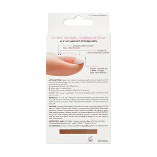A retail package card for a medical adhesive product, showing a hanger tab, product description, application diagram, warning, and a small photo of a pink-nailed hand demonstrating the application.