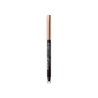 A single cosmetic pencil shown vertically against a plain white background. The pencil has a metallic rose gold cap, a dark brown barrel, and a clear tip showing the dark brown makeup formula inside.