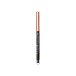 A single cosmetic eyebrow pencil with a metallic rose gold cap and a dark brown barrel, shown vertically against a plain white background.