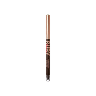 A single brow pencil with a metallic rose gold cap and a dark brown barrel, featuring the text 'RUBY MARBLE' in gold and red, set against a plain white background.