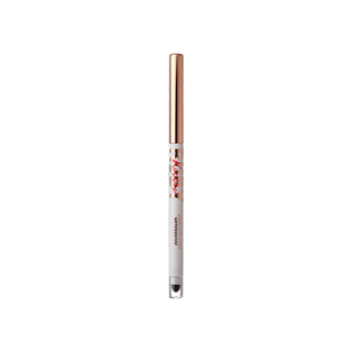 A single cosmetic pencil with a metallic rose gold cap and a white barrel featuring a red and gold floral pattern, shown against a solid white background.
