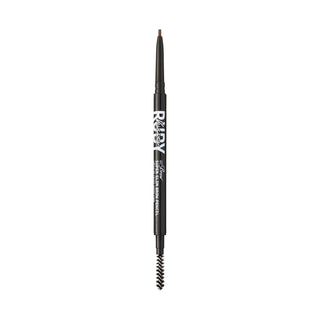 A single brow pencil with a spoolie end, shown vertically on a plain white background. The pencil is black with white text reading 'Ruby' and 'Glossy Brow Pencil'.