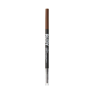 A single brow pencil shown vertically on a plain white background. The pencil has a brown top, a black middle section with white text reading 'RUBY' and smaller text 'Shades of Brow Pencil', and a silver metal spoolie brush at the bottom.