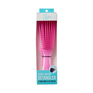 Miss Colors & Care Glide & Define Detangler in its retail packaging, featuring a bright pink detangler brush with a light pink handle inside a clear-fronted box with turquoise accents.