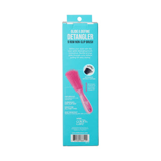 A boxed hairbrush product on a plain white background. The package is bright turquoise/aqua with white text and shows a pink detangler brush pictured on the front.