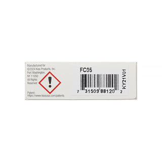 A white rectangular product label or packaging insert showing a barcode, the text 'FC05', manufacturer details for Kiss Products, Inc., and a red hazard-style warning symbol on a plain white background.