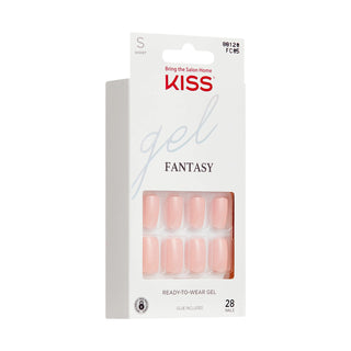 Kiss Fantasy Ready-to-Wear Gel press-on nails in shade S Sweetheart, featuring a white packaging box with a clear window displaying the nude pink nails.