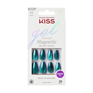 Kiss gel fantasy magnetic nail packaging with teal nails on a white background