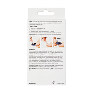 Back of KIS56a artificial nail kit packaging, showing product instructions, application steps, removal tips, ingredients, and a small product photo on a white background.