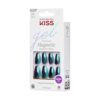 Kiss Gel Fantasy Magnetic Velvet Effect press-on nails in shade 7, featuring a white retail box with a clear window displaying teal and green magnetic nails.