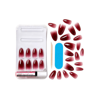 Set of red nail extensions with a packaging case, blue gel, and a toothpick on a white background.