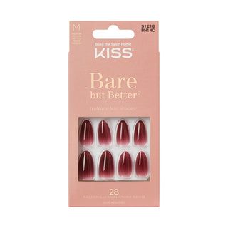 Kiss Bare but Better press-on nail set in a dusty pink box, featuring six almond-shaped nails with a glossy deep burgundy ombre gradient.