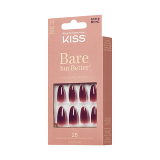 Kiss Bare but Better press-on nail set in a dusty pink box, featuring almond-shaped nails with a deep burgundy ombre gradient.