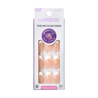 Pack of 30 press-on nails in the imPRESS Classic French style, featuring a nude pink base and a white French tip, presented in a white and purple blister pack.