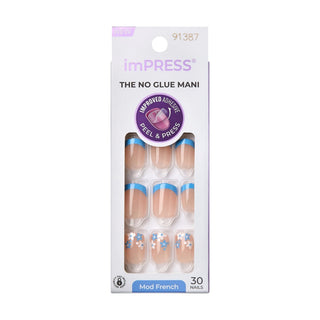 imPRESS Mod French press-on nail set in retail packaging, featuring nude beige nails with blue French tips and small white floral accents.