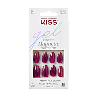 Kiss gel fantasy magnetic nail packaging with purple nails on a white background