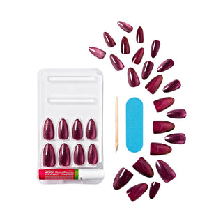 Maroon false nails with packaging, nail file, and stick on a white background