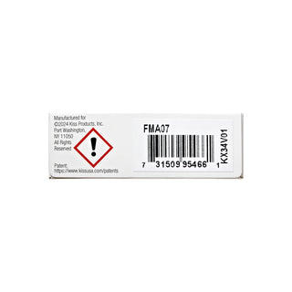 A close-up of the side of a white rectangular product box showing printed text, a barcode, and a red hazard-style exclamation symbol on a white background.