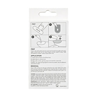 The back of a white retail package for a nail treatment product, showing step-by-step application and removal instructions with small diagrams and printed text.
