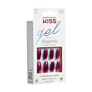 Kiss Fantasy Magnetic Velvet Effect press-on nails in a white retail box, showing eight metallic magenta-purple nails with a magnetic shimmer effect.