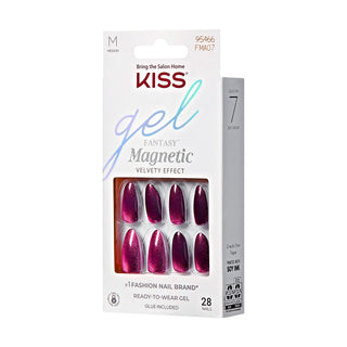 Kiss Gel Fantasy Magnetic press-on nails in a white retail box, showing eight metallic magenta nails with a magnetic finish. The packaging displays the KISS brand logo and product details.