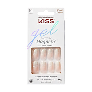 Kiss Fantasy Magnetic Velvety Effect press-on nails in shade M Medium, shown in their original white retail packaging with a clear window displaying the nails.