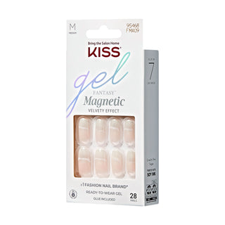 Kiss Gel Fantasy Magnetic Velvety Effect press-on nail set in a white box with a clear window showing nude beige nails, alongside a gray side insert card.
