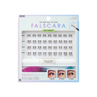 Falscara Soft Wispy Essentials Kit false eyelash clusters in a light blue and white box with an applicator wand, shown on a plain white background.