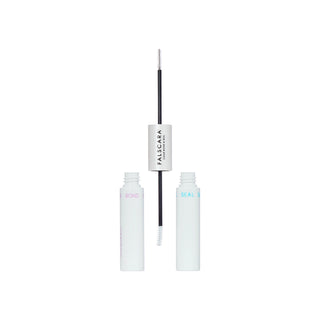Falsckaa eyelash and brow care set with two white bottles labeled 'BOND' and 'SEAL' and a central applicator wand with a spoolie brush, on a solid white background.