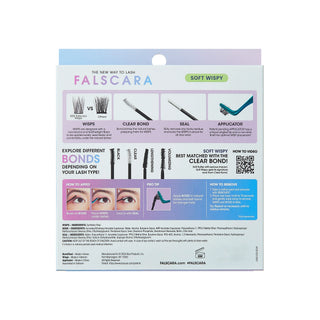 Falscara Soft Wispy lash adhesive packaging card, showing product information, comparison graphics, and step-by-step application instructions on a white background.