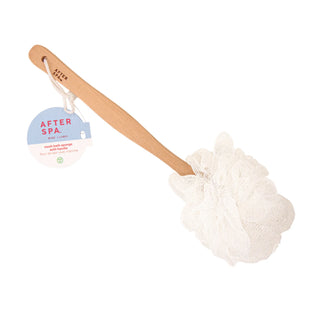 Burete de dus din plasa, tip puf, cu maner de lemn, de culoare alb, Afterspa Body, Afterspa, 1 articol