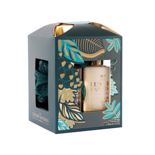 Set cadou Glamorous Glow, Sparkling Pear & Nectarine Blossom, 100 ml Gel de dus, 100 ml Lotiune corp & Burete exfoliant corp, The Luxury Bathing Company Tuju -